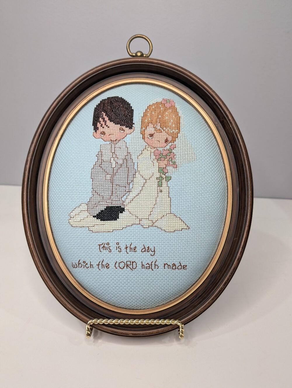 Precious Moments Cross Stitch Bride Groom Wedding Sampler Framed Religious Art